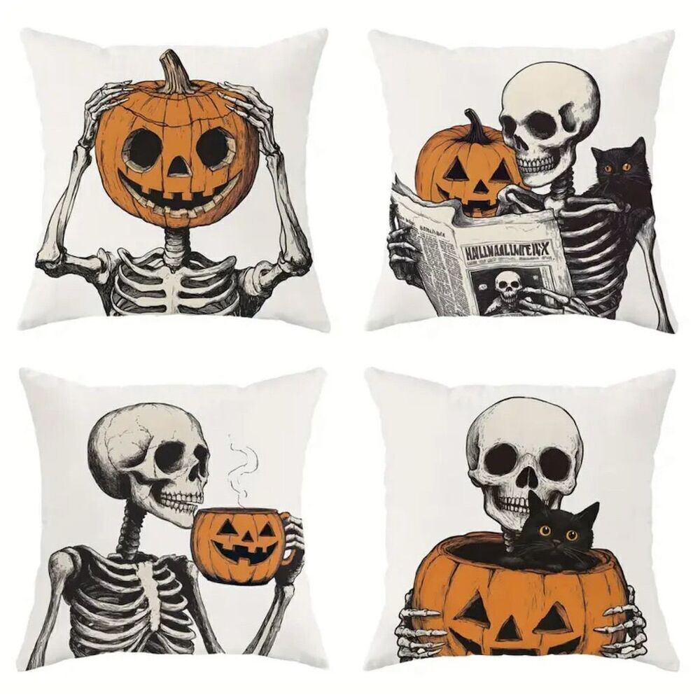 4 Pack Halloween Skeleton Skull Pumpkin Square Throw Pillow Covers Gothic Grunge - Picture 2 of 14